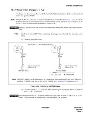 Page 569NDA-24307 CHAPTER 6
Page 541
Issue 1
SYSTEM OPERATIONS
12.1.7 Manual System Changeover of PLO
To change over the system of Phase Lock Oscillator (PLO)/Clock (CLK), use the key operations listed
below at a specific LN/ISW.
Note:Though the PLO/CLK belongs to the Switching Block as explained in Section 12.1.5, its ACT/STBY
Switching Network is separate from that of the Speech Path System. Therefore, the changeover of the
PLO/CLK must be independently performed at each LN/ISW.
STEP 1 Confirm the active PLO....