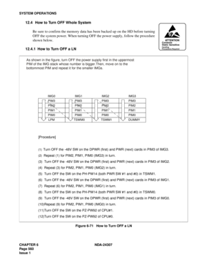 Page 588CHAPTER 6 NDA-24307
Page 560
Issue 1
SYSTEM OPERATIONS
12.4 How to Turn OFF Whole System
Be sure to confirm the memory data has been backed up on the HD before turning
OFF the system power. When turning OFF the power supply, follow the procedure
shown below.
12.4.1 How to Turn OFF a LN
Figure 6-71   How to Turn OFF a LN
ATTENTIONContents
Static Sensitive
Handling
Precautions Required
 
(1)  Turn OFF the -48V SW on the DPWR (first) and PWR (next) cards in PIM3 of IMG3. 
(2)  Repeat (1) for PIM2, PIM1,...