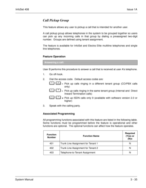 Page 115InfoSet 408Issue 1A
System Manual3 - 35
Call Pickup Group
This feature allows any user to pickup a call that is intended for another user. 
A call pickup group allows telephones in the system to be grouped together so users
can pick up any incoming calls in that group by dialing a preassigned two-digit
number.  Groups are defined using tenant assignment.
The feature is available for InfoSet and Electra Elite multiline telephones and single
line telephones.
Feature Operation  
User B performs this...