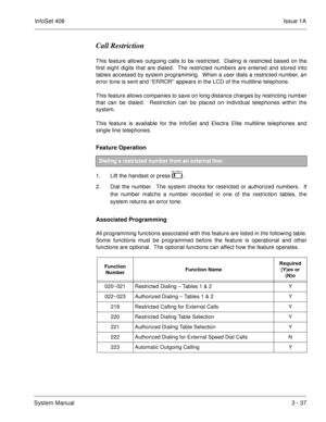 Page 117InfoSet 408Issue 1A
System Manual3 - 37
Call Restriction
This feature allows outgoing calls to be restricted.  Dialing is restricted based on the
first eight digits that are dialed.  The restricted numbers are entered and stored into
tables accessed by system programming.  When a user dials a restricted number, an
error tone is sent and “ERROR” appears in the LCD of the multiline telephone.  
This feature allows companies to save on long distance charges by restricting number
that can be dialed....