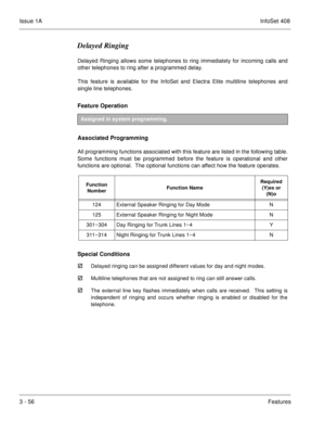 Page 136Issue 1AInfoSet 408
3 - 56Features
Delayed Ringing
Delayed Ringing allows some telephones to ring immediately for incoming calls and
other telephones to ring after a programmed delay.
This feature is available for the InfoSet and Electra Elite multiline telephones and
single line telephones.
Feature Operation  
Associated Programming
All programming functions associated with this feature are listed in the following table.
Some functions must be programmed before the feature is operational and other...