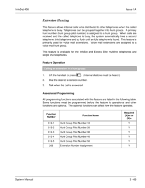 Page 149InfoSet 408Issue 1A
System Manual3 - 69
Extension Hunting
This feature allows internal calls to be distributed to other telephones when the called
telephone is busy. Telephones can be grouped together into hunt groups.  A primary
hunt number (hunt group pilot number) is assigned to a hunt group.  When calls are
received and the called telephone is busy, the system automatically tries a second
telephone, third telephone and so forth until an idle telephone is found.  This feature is
primarily used for...