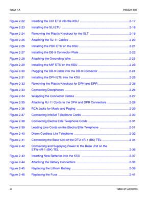 Page 21Issue 1AInfoSet 408
xiiTable of Contents
Figure 2-22 Inserting the COI ETU into the KSU  ........................................................... 2-17
Figure 2-23 Installing the SLI ETU  ................................................................................. 2-18
Figure 2-24 Removing the Plastic Knockout for the SLT  ............................................... 2-19
Figure 2-25 Attaching the RJ-11 Cables  ........................................................................ 2-20
Figure...