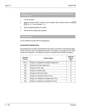 Page 216Issue 1AInfoSet 408
3 - 136Features
 
1. Lift the handset.
2. Dial the access code to access a trunk (default: 
9) or feature access code  


   
 X  (X = Trunk Number 1~4).   
3. Dial the desired telephone number.
4. Talk when the called party answers.
 
Lift the handset and talk with the calling party.
Associated Programming
All programming functions associated with this feature are listed in the following table.
Some functions must be programmed before the feature is operational and other
functions...