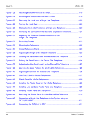 Page 23Issue 1AInfoSet 408
xivTable of Contents
Figure 4-25 Attaching the WMU-U Unit to the Wall ........................................................ 4-19
Figure 4-26 Attaching the Telephone to the WMU-U Unit .............................................. 4-19
Figure 4-27 Removing the Hook from a Single Line Telephone  .................................... 4-20
Figure 4-28 Turning the Hook Over  ............................................................................... 4-20
Figure 4-29 Sliding the Hook...