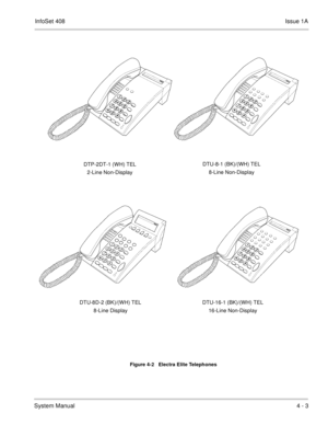 Page 255InfoSet 408Issue 1A
System Manual4 - 3
Figure 4-2   Electra Elite Telephones 
DTP-2DT-1 (WH) TEL
2-Line Non-DisplayDTU-8-1 (BK)/(WH) TEL
8-Line Non-Display
DTU-8D-2 (BK)/(WH) TEL
8-Line Display
DTU-16-1 (BK)/(WH) TEL
16-Line Non-Display 