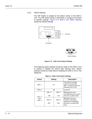 Page 296Issue 1AInfoSet 408
5 - 10Optional Equipment 3.2.2 Switch Settings
The DIP Switch is located at the bottom center of the ADA-U
Unit. The DIP Switch allows a technician to configure the board
to specific settings. Figure 5-12 ADA-U Unit Switch Settings
shows the default settings. 
The following switch settings should be made on the ADA-U Unit
to enable or disable the record start warning tone. Switch
settings should be made before installing the ADA-U Unit in the
telephone. 
  Figure 5-12   ADA-U Unit...