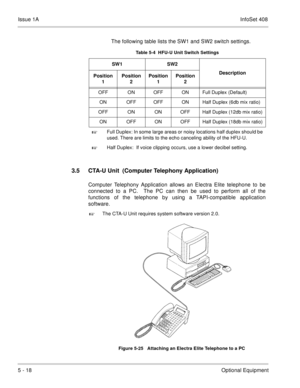 Page 304Issue 1AInfoSet 408
5 - 18Optional Equipment The following table lists the SW1 and SW2 switch settings.     
3.5 CTA-U Unit  (Computer Telephony Application)
Computer Telephony Application allows an Electra Elite telephone to be
connected to a PC.  The PC can then be used to perform all of the
functions of the telephone by using a TAPI-compatible application
software.

The CTA-U Unit requires system software version 2.0. 
Table 5-4  HFU-U Unit Switch Settings
SW1 SW2
Description
Position 
1Position...