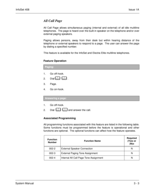 Page 83InfoSet 408Issue 1A
System Manual3 - 3
All Call Page
All Call Page allows simultaneous paging (internal and external) of all idle multiline
telephones.  The page is heard over the built-in speaker on the telephone and/or over
external paging speakers.  
Paging allows persons, away from their desk but within hearing distance of the
telephone or external speakers to respond to a page.  The user can answer the page
by dialing a specified number.
This feature is available for the InfoSet and Electra Elite...