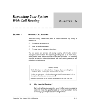 Page 43Expanding Your System With Call Routing 6 - 1
Expanding Your System 
With Call Routing
 
SECTION  1  OFFERING CALL ROUTING
With call routing, callers can press a single touchtone key during a
greeting to: 

Transfer to an extension.

Hear an audio message.

Choose from a submenu of options.
You can assign and activate call-routing keys by following the system
manager’s conversation. The opening greeting acts as a main menu,
telling callers what action each call-routing key provides. The...