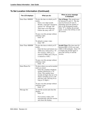 Page 7NDA-30044   Revision 2.0Page 3
Location Status Information - User Guide
To Set Location Information (Continued)
The LCD displays: What you do:When an error message 
is displayed:
Enter Date–MMDD To give the date on which you’ll 
return:
Enter a two-digit month.  
Months 1 through 9 should be 
entered “01” through “09”.  
Then enter a two-digit day.  
Follow the entry with “#”.
To pass over this prompt without 
entering a date:
Enter “#”.
To default to today’s date:
Enter “0#”.Out of Range=
The month must...