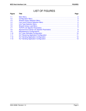 Page 5NDA-30088  Revision 1.0Page iii
MCS Host Interface LinkFIGURES
LIST OF FIGURES
Figure TitlePage
1-1 Main Menu. . . . . . . . . . . . . . . . . . . . . . . . . . . . . . . . . . . . . . . . . . . . . . . . . . . . . . . . . . .  2
1-2 Configuration Menu . . . . . . . . . . . . . . . . . . . . . . . . . . . . . . . . . . . . . . . . . . . . . . . . . . . .  3
1-3 Shared Library Selection Menu . . . . . . . . . . . . . . . . . . . . . . . . . . . . . . . . . . . . . . . . . . .  3
1-4 Low Level Protocol...