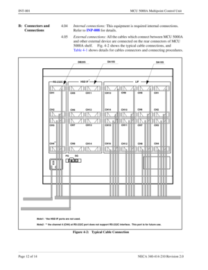 Page 114Page 12 of 14 NECA 340-414-210 Revision 2.0
INT-001 MCU 5000A Multipoint Control Unit
B: Connectors and 
Connections4.04Internal connections:
 This equipment is required internal connections.  
Refer to INP-008
 for details.
4.05External connections:
 All the cables which connect between MCU 5000A 
and other external device are connected on the rear connectors of MCU  
5000A shelf.     Fig. 4-2 shows the typical cable connections, and 
Table 4-1 shows details for cables connectors and connecting...