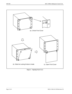 Page 122Page 2 of 4 NECA 340-414-210 Revision 2.0
INP-003 MCU 5000A Multipoint Control Unit
Figure 1:   Opening Front Cover
(a)  Unlock Front Cover
(b)  Slide the Locking Knobs to Inside
(c)  Open Front Cover 