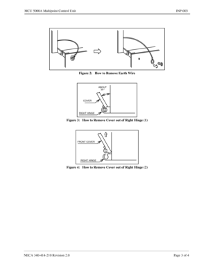 Page 123NECA 340-414-210 Revision 2.0 Page 3 of 4
MCU 5000A Multipoint Control Unit INP-003
Figure 2:   How to Remove Earth Wire
Figure 3:   How to Remove Cover out of Right Hinge (1) 
Figure 4:   How to Remove Cover out of Right Hinge (2) 
RIGHT HINGECOVERABOUT
30°
RIGHT HINGE FRONT COVER 