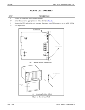 Page 132Page 2 of 4 NECA 340-414-210 Revision 2.0
INP-006 MCU 5000A Multipoint Control Unit
MOUNT UNIT TO SHELF
Figure 1:   How to Insert Unit
STEP PROCEDURES
9 Prepare the same kind unit in numerical order.
10 Install the unit in the appropriate slot of the shelf  (See Fig. 2).
11 Remove the 2224 adjustable wrist strap and disconnect from ESD connector on the MCU 5000A.
12 End of procedure.
UNIT ABBREVIATION
(a)    Location of Unit Abbreviation
UNIT ABBREVIATION
KNOB FOR LOCKING
UNIT LABEL
(b)    Mounting...