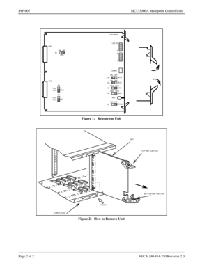 Page 136Page 2 of 2 NECA 340-414-210 Revision 2.0
INP-007 MCU 5000A Multipoint Control Unit
Figure 1:   Release the Unit
Figure 2:   How to Remove Unit
H221 MUX
LED 16
9
8
1
DSW 1
ON   OFF
ON   OFF
DBG   NOR
DBG   NOR S4
S5
S6MUX
SCU
232
WDT
256   512
S7PROM S8S9 CN1
CN2
SAMLB FRS S1ON   OFF
ON
OFFSW 1
S3
NORNOR
FRONT
BOTTOM UNIT EJECTOR TOP UNIT EJECTOR UNIT
LOWER GUIDE 