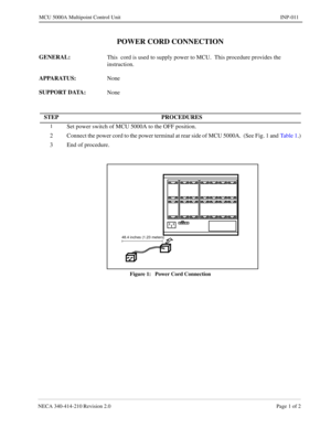 Page 143NECA 340-414-210 Revision 2.0 Page 1 of 2
MCU 5000A Multipoint Control Unit INP-011
POWER CORD CONNECTION
GENERAL: 
This  cord is used to supply power to MCU.  This procedure provides the 
instruction.
APPARATUS: 
None
SUPPORT DATA: 
None
Figure 1:   Power Cord Connection
STEP PROCEDURES
1Set power switch of MCU 5000A to the OFF position.
2 Connect the power cord to the power terminal at rear side of MCU 5000A.  (See Fig. 1 and Ta b l e  1.)
3 End of procedure.
48.4 inches (1.23 meters) 