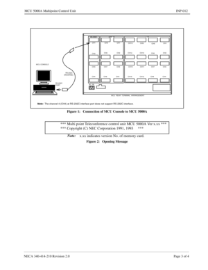 Page 147NECA 340-414-210 Revision 2.0 Page 3 of 4
MCU 5000A Multipoint Control Unit INP-012
Figure 1:   Connection of MCU Console to MCU 5000A
Note:    
x.xx indicates version No. of memory card.
Figure 2:   Opening Message
MCU  REAR  TERMINAL  ARRANGEMENT RS-232C
AC  IN
CH1CH5 CH1
CH13
CH9
CH5CH1
CH2CH6 CH2 CH14 CH10
CH6CH2
CH7 CH3 CH3 CH15 CH11 CH7 CH3
CH4 CH8 CH4 CH16 CH12 CH8 CH4
RS-232CHSD  IFL IF
RS-232C MCU CONSOLE
(REVERSE)
PORT
Note:  The channel 4 (CH4) at RS-232C interface port does not support...