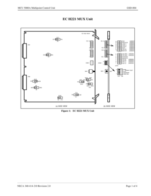 Page 161NECA 340-414-210 Revision 2.0 Page 1 of 4
MCU 5000A Multipoint Control Unit GSD-004
EC H221 MUX Unit
Figure 1:   EC H221 MUX Unit
EC H221 MUX
RC 16
9
8
1
DSW 1
NOR    DBG
OFF   ON
CLK
7M
14M CN1
CN2SW 1 DSW 1
RST 4
1 RC 1RC 8RC 9 RC 16
14
OFF   ONMEM INH 2
1 3 4 5 6 7 89 10 11 12
13 14 15
MEM ERFUN ERTEST H PATHLOOP 0 LOOP 1REM ALMREC
16
FPR Rx
FUR Rx
FPR Tx
FUR Tx
MUX TEST
(b) SIDE VIEW (a) SIDE VIEW
(AMBER)
(GREEN)
(GREEN)
(GREEN)
(GREEN)(AMBER)
(AMBER)
(AMBER)
(AMBER)
(AMBER)(AMBER)
(AMBER)
(LED)
SW...