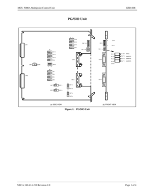 Page 171NECA 340-414-210 Revision 2.0 Page 1 of 4
MCU 5000A Multipoint Control Unit GSD-008
PG/SIO Unit
Figure 1:   PG/SIO Unit
CN1
CN2SW 1(1)
RC 1~4 L
S14
S15
S16
S17
CN 4
CN 3
S8
S11INT 3
INT 4 EXT 1
EXT 2 S2
S5 INT 1
INT 2S3 S4 S6
S7 IN NOR DBGS 1IN
S 13
S 12
S 10
S 9SW 1
RC 1~4
CN 4
CN 38
1
RC 1
RC 2
RC 3
 RC 4C L0S
SLP 3
SLP 2
SLP 1
(a) SIDE VIEW (b) FRONT VIEW
E
(RED)
(AMBER)
(AMBER)
(AMBER)
 (LED)
SW 2
14
EXT 3
EXT 4CH 4
CH 1 