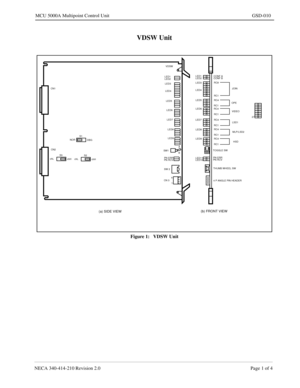 Page 179NECA 340-414-210 Revision 2.0 Page 1 of 4
MCU 5000A Multipoint Control Unit GSD-010
VDSW Unit
Figure 1:   VDSW Unit
CN1
CN2
S2
chL
chH
4
1 SW 2 SW1A
B LED8 LED7 LED6 LED5 LED4 LED3 LED2 LED1VDSW
CONF A
RC8
TOGGLE SW
4 P ANGLE PIN HEADER THUMB WHEEL SW
(a) SIDE VIEW(b) FRONT VIEW
CN 3LED1
JOIN
27 LED2
S3
chL
chH
S1
NOR
DBG
PN ERR
PN RCV
LED9CONF B
LED3
LED4
LED5
LED6
LED7
LED8
LED9
LED11
LED10PN ERR
PN RCVRC1
RC4
RC1
RC4
RC1
RC4
RC1
RC4
RC1
RC4
RC1
OPE
VIDEO
LSD1
MLP/LSD2
HSD 