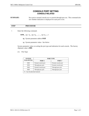 Page 207NECA 340-414-220 Revision 2.0 Page 1 of 2
MCU 5000A Multipoint Control Unit SPR-006
CONSOLE PORT SETTING
CONSOLE RELATED
SUMMARY:
Set a port to normal console use or console-through-pass use.  This command also 
sets whether indication is displayed for each port or not.
STEP PROCEDURE 
1 Enter the following command.
SSPR__ n1 =  x1 __n2 = x2 __ … __ ni = xi … ¿
ni:
System parameter address0AH
x
i:
System parameter values See below:
System parameter values on setting the port type and indication for each...