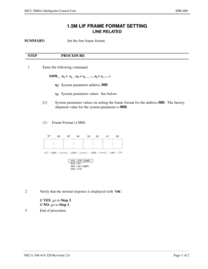 Page 215NECA 340-414-220 Revision 2.0 Page 1 of 2
MCU 5000A Multipoint Control Unit SPR-008
1.5M LIF FRAME FORMAT SETTING
LINE RELATED
SUMMARY: 
Set the line frame format.
STEP PROCEDURE 
1 Enter the following command.
SSPR__ n1 =  x1 __n2 = x2 __ … ni = xi … ¿
ni:
System parameter address38H
x
i:
System parameter values See below:
[1] System parameter values on setting the frame format for the address 38H
.  The factory 
shipment value for the system parameter is 00H
.
(1) Frame Format (+38H)
b7
b6b5
b4 b3 b2...