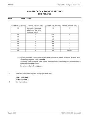 Page 222Page 2 of 18 NECA 340-414-220 Revision 2.0
SPR-011 MCU 5000A Multipoint Control Unit
1.5M LIF CLOCK SOURCE SETTING
LINE RELATED
STEP PROCEDURE 
SYSTEM PARAMETER CLOCK SOURCE (CH) SYSTEM PARAMETER CLOCK SOURCE (CH)
00H
Automatic (automatic 
selection of line in its 
numerical order)09H 9
01H 1 0AH 10
02H 2 0BH 11
03H 3 0CH 12
04H 4 0DH 13
05H 5 0EH 14
06H 6 0FH 15
07H 7 10H 16
08H 8 80H Internal
[2] System parameter values on setting the clock source mask for the addresses 3CH and 3DH.  
The factory...