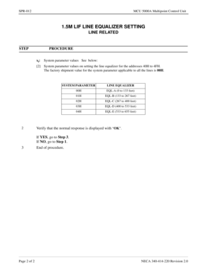 Page 240Page 2 of 2 NECA 340-414-220 Revision 2.0
SPR-012 MCU 5000A Multipoint Control Unit
1.5M LIF LINE EQUALIZER SETTING
LINE RELATED
STEP PROCEDURE 
xi:System parameter values See  below: 
[2] System parameter values on setting the line equalizer for the addresses 40H to 4FH.
The factory shipment value for the system parameter applicable to all the lines is 
00H.
SYSTEM PARAMETER  LINE  EQUALIZER
00H EQL-A (0 to 133 feet)
01H EQL-B (133 to 267 feet)
02H EQL-C (267 to 400 feet)
03H EQL-D (400 to 533 feet)
04H...