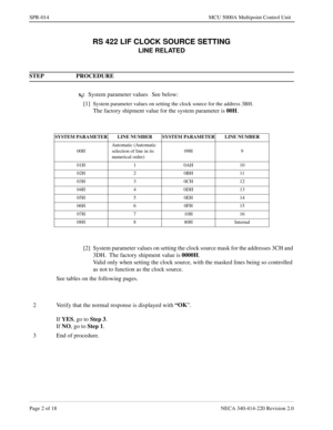 Page 246Page 2 of 18 NECA 340-414-220 Revision 2.0
SPR-014 MCU 5000A Multipoint Control Unit
RS 422 LIF CLOCK SOURCE SETTING
LINE RELATED
STEP PROCEDURE 
x
i:
System parameter values See below:
[1]
System parameter values on setting the clock source for the address 3BH.
The factory shipment value for the system parameter is 00H
.
SYSTEM PARAMETER LINE NUMBER SYSTEM PARAMETER LINE NUMBER
00HAutomatic (Automatic 
selection of line in its 
numerical order)09H 9
01H 1 0AH 10
02H 2 0BH 11
03H 3 0CH 12
04H 4 0DH 13...