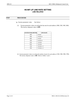 Page 264Page 2 of 4 NECA 340-414-220 Revision 2.0
SPR-015 MCU 5000A Multipoint Control Unit
H0-INF LIF LINE RATE SETTING
LINE RELATED
STEP PROCEDURE 
x
i:
System parameter value See below:
[1] System parameter values on setting the line rate for each address (30H, 32H, 34H, 36H).  
The factory shipment value is 05H
.
SYSTEM PARAMETER LINE RATE
20H  56 kb/s
30H 56 kb/s×2
00H 64 kb/s
10H 64 kb/s×2
25H 336 kb/s
05H 384 kb/s
15H 384 kb/s x 2
35H 336 kb/s x 2
[2] System parameter values on setting the number of ports...