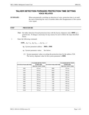 Page 287NECA 340-414-220 Revision 2.0 Page 1 of 2
MCU 5000A Multipoint Control Unit SPR-018
TALKER DETECTION FORWARD PROTECTION TIME SETTING
VOICE RELATED
SUMMARY: When automatically switching on detection of voice, protection time is set until 
the start of detecting the voice of another talker after disappearance of the current 
voice signal.
STEP PROCEDURE 
Note:
Set talker detection forward protection time with the factory shipment value (0DH
) as a 
general rule.  If change is necessary for any reason, be...