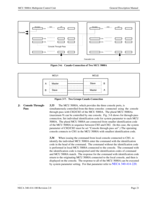 Page 33NECA 340-414-100 Revision 2.0Page 21
MCU 5000A Multipoint Control Unit General Description Manual
Figure 3-6:   Casade-Connection of Two MCU 5000A
Figure 3-7:   Two Groups Casade-Connection
J: Console Through-
Pass3.33
The MCU 5000A, which provides the three console ports, is 
simultaneously controlled from the three consoles  connected  using  the  console  
through-pass with CH2/CH3 of the MCU 5000A.  The plural MCU 5000As 
(maximum 9) can be controlled by one console.  Fig. 3-8 shows for through-pass...