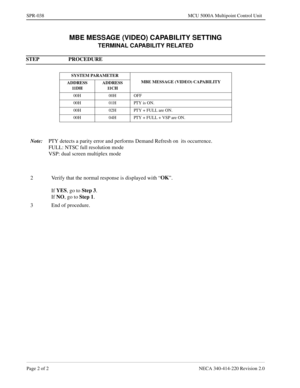 Page 332Page 2 of 2 NECA 340-414-220 Revision 2.0
SPR-038 MCU 5000A Multipoint Control Unit
MBE MESSAGE (VIDEO) CAPABILITY SETTING
TERMINAL CAPABILITY RELATED
STEP PROCEDURE 
SYSTEM PARAMETER
MBE MESSAGE (VIDEO) CAPABILITY 
ADDRESS
11 D HADDRESS
11 C H
00H 00H OFF
00H 01H PTY is ON.
00H 02H PTY + FULL are ON.
00H 04H PTY + FULL + VSP are ON.
Note:
PTY detects a parity error and performs Demand Refresh on  its occurrence.
FULL: NTSC full resolution mode 
VSP: dual screen multiplex mode
2 Verify that the normal...