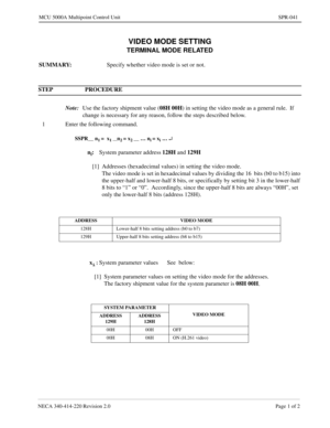 Page 339NECA 340-414-220 Revision 2.0 Page 1 of 2
MCU 5000A Multipoint Control Unit SPR-041
VIDEO MODE SETTING
TERMINAL MODE RELATED
SUMMARY:
Specify whether video mode is set or not.
STEP PROCEDURE 
Note:
Use the factory shipment value (08H 00H
) in setting the video mode as a general rule.  If 
change is necessary for any reason, follow the steps described below.
1 Enter the following command.
SSPR__ n1 =  x1 __n2 = x2 __ … ni = xi … ¿
ni:
System parameter address128H 
and 129H
[1] Addresses (hexadecimal...