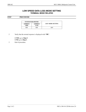 Page 342Page 2 of 2 NECA 340-414-220 Revision 2.0
SPR-042 MCU 5000A Multipoint Control Unit
LOW SPEED DATA (LSD) MODE SETTING
TERMINAL MODE RELATED
STEP PROCEDURE 
SYSTEM PARAMETER
LSD  MODE SETTING
ADDRESS
12BHADDRESS
12AH
00H 00H OFF
2 Verify that the normal response is displayed with “OK
”.
If YES
, go to Step 3
.
If NO
, go to Step 1
.
3 End of procedure. 