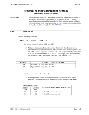 Page 347NECA 340-4 14- 22 0  Revisio n 2.0   Page 1 o f 2
MCU  5000A Multipoint Control  U nit   SPR-045
NETWORK CLASSIFIC ATION MODE SETTING
ADDRESS   NETWORK CLASSIFICAT IO N  MODE
x 