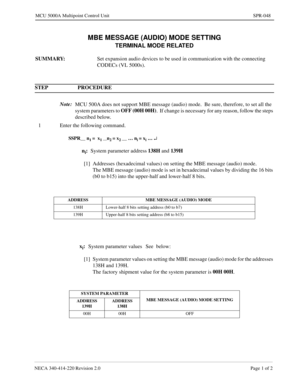 Page 351NECA 340-414-220 Revision 2.0 Page 1 of 2
MCU 5000A Multipoint Control Unit SPR-048
MBE MESSAGE (AUDIO) MODE SETTING
TERMINAL MODE RELATED
SUMMARY: 
Set expansion audio devices to be used in communication with the connecting 
CODECs (VL 5000s).
STEP PROCEDURE 
Note:
MCU 500A does not support MBE message (audio) mode.  Be sure, therefore, to set all the 
system parameters to OFF (00H 00H)
.  If change is necessary for any reason, follow the steps 
described below.
1 Enter the following command.
SSPR__ n1...