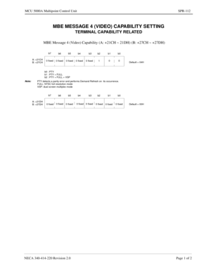 Page 379NECA 340-414-220 Revision 2.0 Page 1 of 2
MCU 5000A Multipoint Control Unit SPR-112
MBE MESSAGE 4 (VIDEO) CAPABILITY SETTING
TERMINAL CAPABILITY RELATED
Note:PTY detects a parity error and performs Demand Refresh on  its occurrence. 
FULL: NTSC full resolution mode 
VSP: dual screen multiplex mode
MBE Message 4 (Video) Capability (A: +21CH ~ 21DH) (B: +27CH ~ +27DH)
b7
b6b5
b4 b3 b2 b1 b0
Default = 04H 0 fixed
0 fixed 0 fixed 0 fixed 0 fixed 1 A: +21CH
B: +27CH
b0 : PTY0
0
b1 : PTY + FULL
b2 : PTY + FULL...