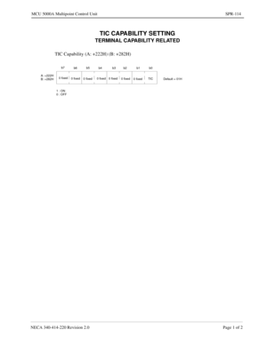 Page 383NECA 340-414-220 Revision 2.0 Page 1 of 2
MCU 5000A Multipoint Control Unit SPR-114
TIC CAPABILITY SETTING
TERMINAL CAPABILITY RELATED
TIC Capability (A: +222H) (B: +282H)
b7
b6b5
b4 b3 b2 b1 b0
Default = 01H 0 fixed
0 fixed
0 fixed0 fixed 0 fixed
0 fixed
0 fixedTIC A: +222H
B: +282H
1 : ON
0 : OFF 