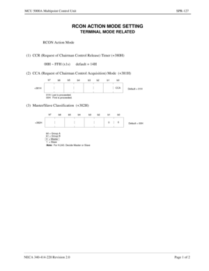 Page 409NECA 340-414-220 Revision 2.0 Page 1 of 2
MCU 5000A Multipoint Control Unit SPR-127
RCON ACTION MODE SETTING
TERMINAL MODE RELATED
RCON Action Mode
b7
b6b5
b4 b3 b2 b1 b0
Default = 01H +381H
(1)  CCR (Request of Chairman Control Release) Timer (+380H)
(2)  CCA (Request of Chairman Control Acquisition) Mode  (+381H)
01H: Last is proceeded.
00H:  First is proceeded.
(3)  Master/Slave Classification  (+382H)default = 14H 00H ~ FFH (x1s)
CCA
b7
b6b5
b4 b3 b2 b1 b0
Default = 00H +382H00
b0 = Group A
b1 =...