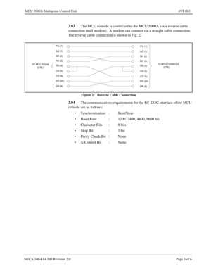 Page 419NECA 340-414-300 Revision 2.0 Page 3 of 6
MCU 5000A Multipoint Control Unit INT-001
2.03
The MCU console is connected to the MCU 5000A via a reverse cable 
connection (null modem).  A modem can connect via a straight cable connection.  
The reverse cable connection is shown in Fig. 2.
Figure 2:   Reverse Cable Connection
2.04
The communications requirements for the RS-232C interface of the MCU 
console are as follows:
• Synchronization : Start/Stop
• Baud Rate : 1200, 2400, 4800, 9600 b/s
• Character...