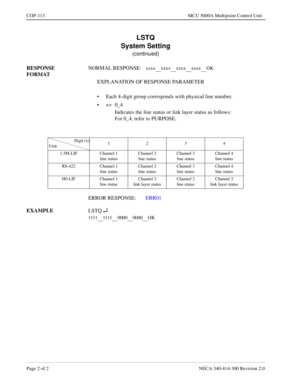 Page 430Page 2 o f 2   NECA 340 -41 4-3 00 Revisi on  2.0
CO P-1 13   MCU 5000A Mult ipoint Con trol Unit
L S TQ
xxxxx xxxxx xxOK
11 110 0000000OK 