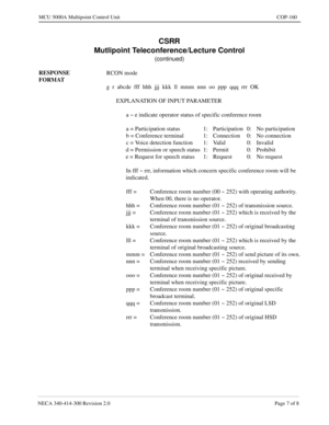 Page 495NECA 340-414-300 Revision 2.0 Page 7 of 8
MCU 5000A Multipoint Control Unit COP-160
CSRR
Mutlipoint Teleconference/Lecture Control
(continued)
RESPONSE 
FORMATRCON mode
g  r  abcde  fff  hhh  jjj  kkk  ll  mmm  nnn  oo  ppp  qqq  rrr  OK
EXPLANATION OF INPUT PARAMETER
a ~ e indicate operator status of specific conference room
a = Participation status 1: Participation 0: No participation
b = Conference terminal 1: Connection 0: No connection
c = Voice detection function 1: Valid 0: Invalid
d = Permission...