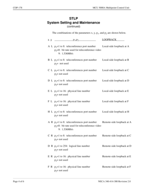 Page 530Page 4 of 6 NECA 340-414-300 Revision 2.0
COP-178 MCU 5000A Multipoint Control Unit
STLP
System Setting and Maintenance
(continued)
The combinations of the parameters x, y, p
1, and p2 are shown below.
x
  y    ______________p1,p2_____________    LOOPBACK______
A  L p
1=1 to 8:  teleconference port number Local-side loopback at A
p
2=0:  bit rate used for teleconference video
      9:  1.536Mb/s
B  L p
1=1 to 8:  teleconferences port number Local-side loopback at B
p
2=  not used
C  L p
1=1 to 8:...