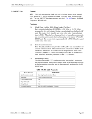 Page 57NECA 340-414-100 Revision 2.0Page 45
MCU 5000A Multipoint Control Unit General Description Manual
H:  PG/SIO Unit General
4.22
This unit generates the clock which is locked the phases of the internal 
clock within MCU 5000A and external  clock  extracted  from  the line by LIF 
unit.  The four RS-232C interface ports are provided.  Fig. 4-13 shows the Block 
Diagram of  PG/SIO unit. 
Functions
(1) Clock Phase Locking (PLO: Phase Locked Oscillator)
Each internal clock phase (1.544 MHz, 4.096 MHz, or...