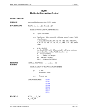 Page 619NECA 340-4 14- 30 0  Revisio n 2.0   Page 1 o f 2
MCU  5000A Multipoint Control  U nit   CO P-N01
RC ON
nn...] [Rxxx] [s]¿
xxx kbpsOK
123¿
12 8OK 