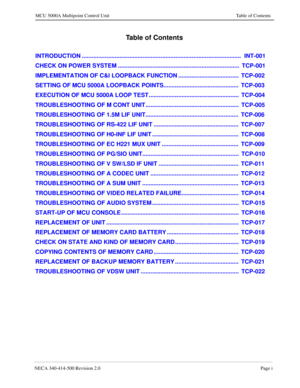 Page 637NECA 340-414-500 Revision 2.0Page i
MCU 5000A Multipoint Control Unit Table of Contents
Table of Contents
INTRODUCTION .................................................................................................  INT-001
CHECK ON POWER SYSTEM ..........................................................................  TCP-001
IMPLEMENTATION OF C&I LOOPBACK FUNCTION .....................................  TCP-002
SETTING OF MCU 5000A LOOPBACK POINTS.................................................