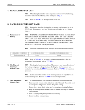 Page 650Page 12 of 14 NECA 340-414-500 Revision 2.0
INT-001 MCU 5000A Multipoint Control Unit
7.  REPLACEMENT OF UNIT
7.01
When the replacement of unit is required as a result of troubleshooting, 
mount the unit correctly referring to the unit layout in Fig. 1.
7.02
Refer to TCP-017
 for the replacement of the unit.
8.  HANDLING OF MEMORY CARD
8.01
This section describes the handling of memory card mounted on the M 
CONT unit.  This memory card is of SRAM type and backed up by a lithium 
battery.
A. Replacement...